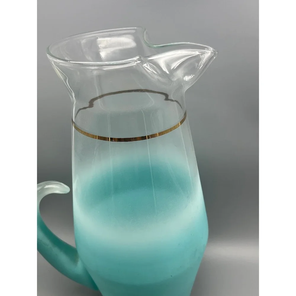 Vtg Blendo Glass Pitcher Frosted Turquoise MCM Vintage 1950 Gold Trim‎ W.V.